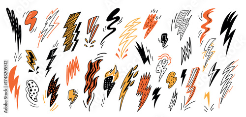Color doodle thunderbolts. Funny hand drawn lightnings, cute strike sketch, comic book graphic elements, cartoon symbols, energy or arrow design, zig zag form garish vector flash light set