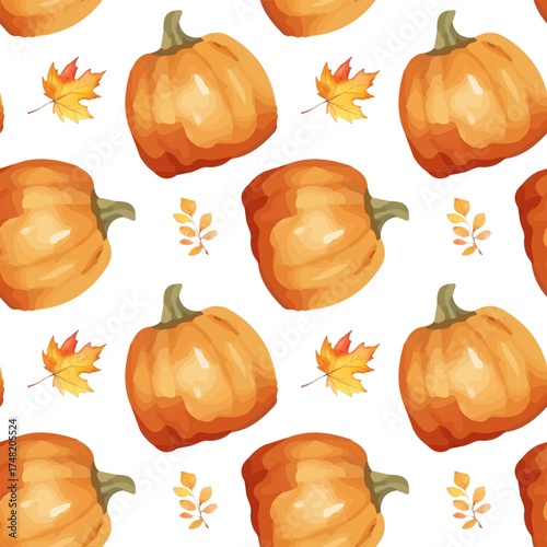 pattern of watercolor pumpkin with leaves. cozy for autumn designs. Suitable for fabric, packaging. Vector.