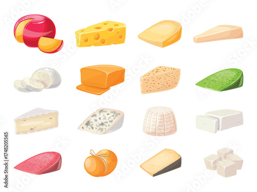 Cheese types. Different varieties, dairy products, cheddar, italian mozzarella, burrata, feta and parmesan, farm fresh milk food, isolated icons, cooking ingredients, snack classy vector set