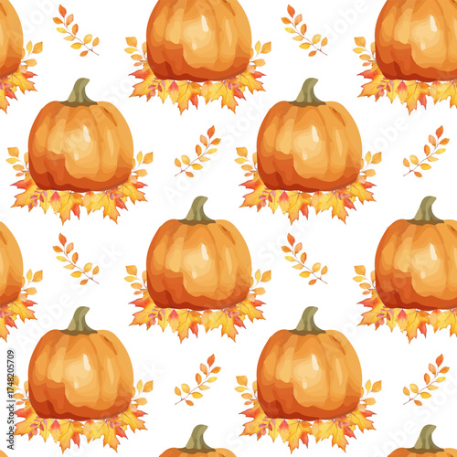 pattern of watercolor pumpkin with leaves. cozy for autumn designs. Suitable for fabric, packaging. Vector.