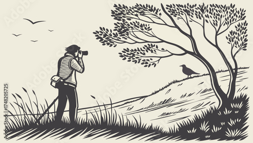 Photographer in Nature Birdwatching Wildlife Photography Illustration.