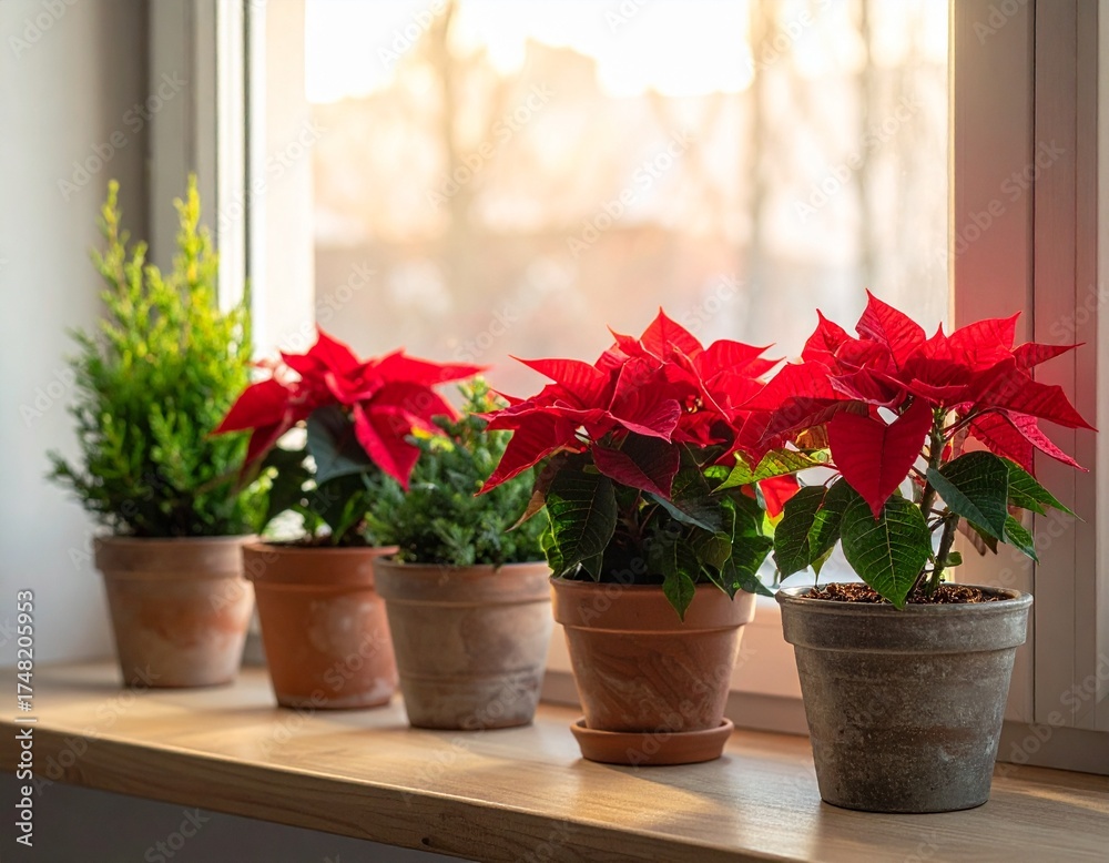 Fototapeta premium Potted poinsettias and mini evergreens on windowsill