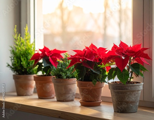 Potted poinsettias and mini evergreens on windowsill