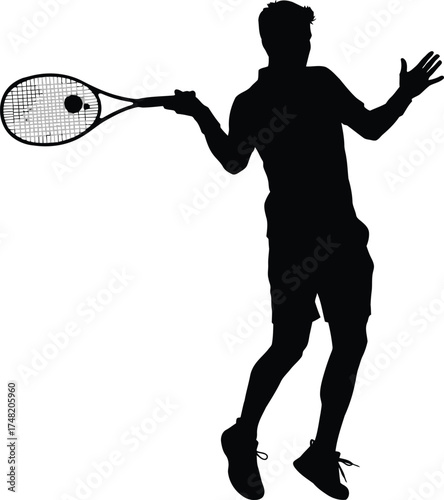 Silhouette of a tennis player in action, poised to strike the ball with his racket, isolated on white background a dynamic vector illustration