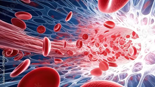 Flow of red cells inside artery, medical illustration.