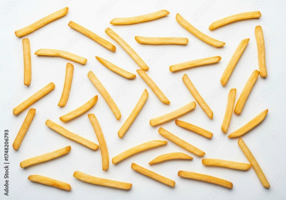 Fototapeta premium A scattering of golden brown french fries arranged randomly on a clean white background isolated on white background