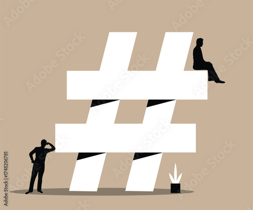 Silhouettes of Business People and Hash Tag. Activity online, subscription to services and information on the internet