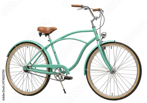 Fotografija Isolated Aqua-Colored Beach Cruiser Bicycle with Light-Brown Seat, Stylish Trans