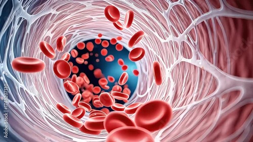 Human blood circulation with red blood cells moving through artery.