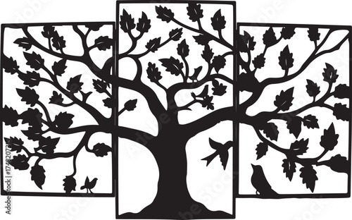 Nature Birds on Tree Silhouette Set