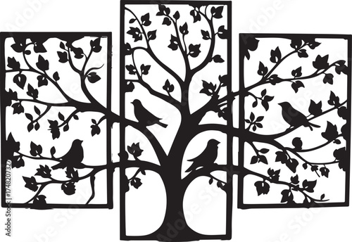 Nature Birds on Tree Silhouette Set