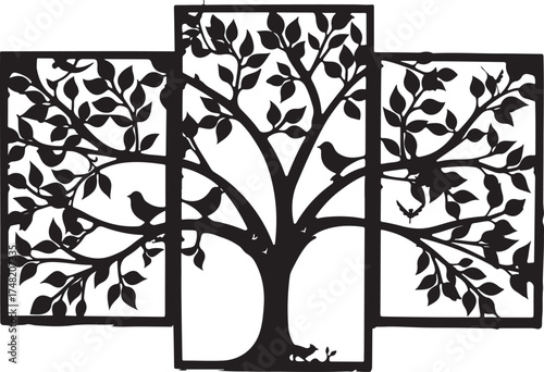 Nature Birds on Tree Silhouette Set
