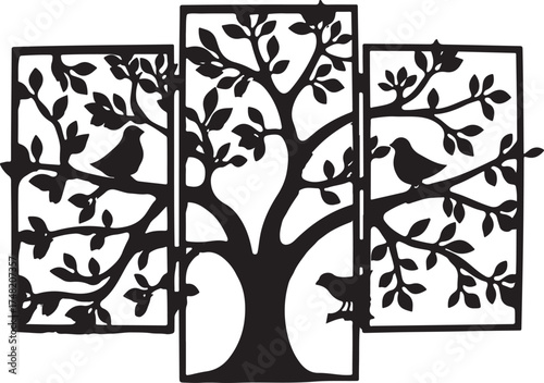 Nature Birds on Tree Silhouette Set