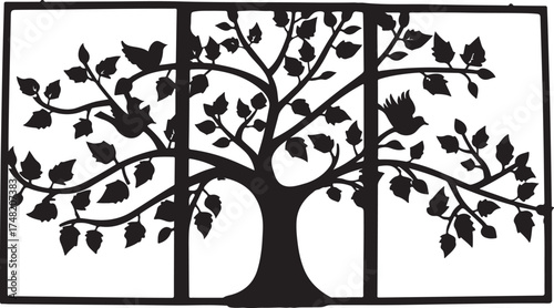 Nature Birds on Tree Silhouette Set