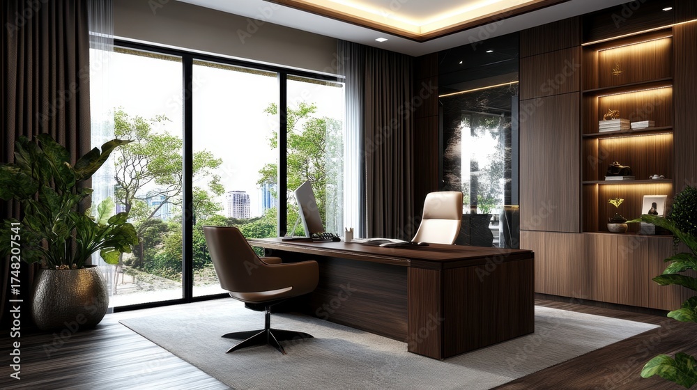 Fototapeta premium Modern executive office with glass walls and elegant interior design