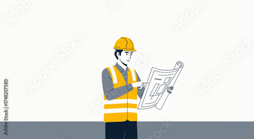 Focused construction worker reviewing blueprints attentively for precision and accuracy on the site