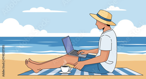 Freelancer working remotely on the beach with a laptop embodying digital nomadism and work life