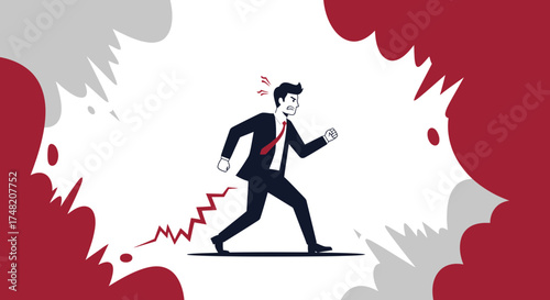 Frustrated businessman running frantically with lightning bolt illustration design in red and