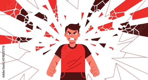 Frustrated character expressing anger with shattered glass effect background representing strong