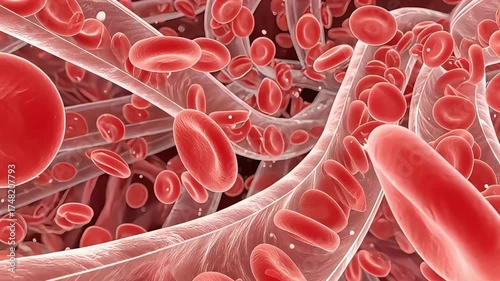 Human blood circulation with red blood cells moving through artery.