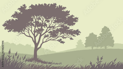 Silhouetted Tree and Landscape Illustration.
