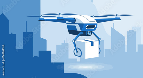 Futuristic drone delivery system delivering package in urban cityscape background illustration