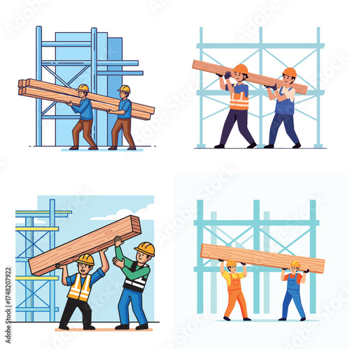 Construction workers carrying wooden beams at a construction site, depicted in four different scenarios.
