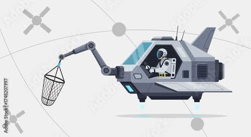 Futuristic space scene depicting an astronaut in a spaceship using a robotic arm in orbit