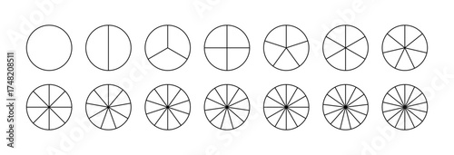 Parts of diagram wheel from 1 to 14. Template of pie chart. Coaching blank. Segmented chart. Outline black graphics. Pie charts, pizza charts set. Sectors divide the circle on equal parts.