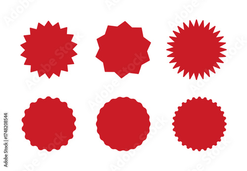 Red circle sticker set. Star burst shape tags for price, shop. Wavy edge promo red badges. Flat vintage labels. Blank sale stickers collection, simple silhouette. Graphic illustration. 