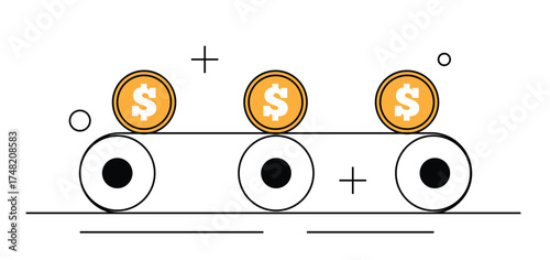 Money on Conveyor Belt Line Art Isolated on White. Industry and finances vector art