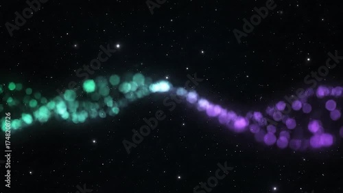 Abstract DNA double helix spiral made of glowing particles against a starry night sky background, representing genetics and science