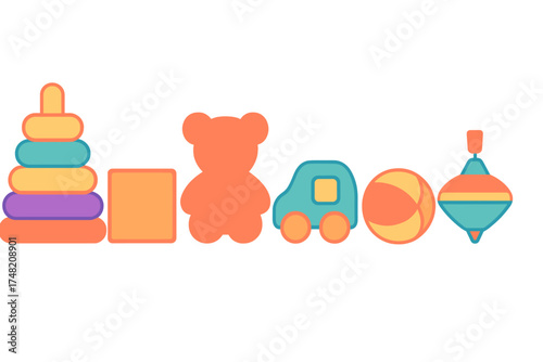 Bright assortment of childhood toys including teddy bear, toy car, stacking pyramid, ball, and spinning top
