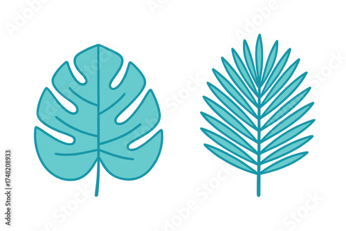 Stylized tropical leaves set featuring Monstera and palm frond in bright turquoise color