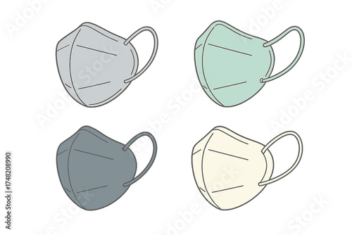 Four protective respiratory face masks in pastel and neutral colors for air filtration and hygiene