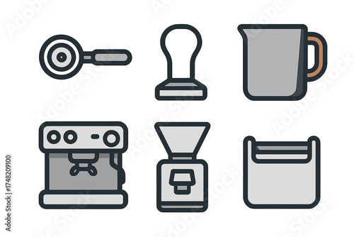 Coffee preparation equipment icons set including espresso machine, grinder, tamper, and pitcher