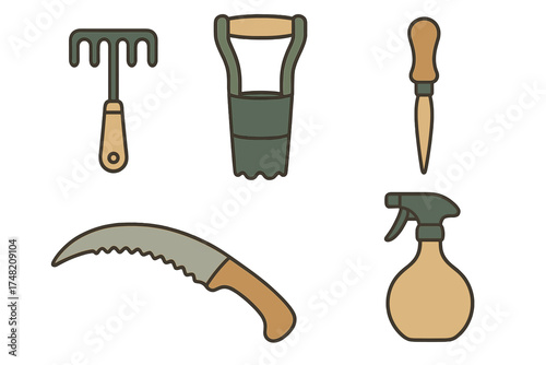 Essential gardening tools set including a hand rake, bulb planter, dibber, sickle, and spray bottle on white background