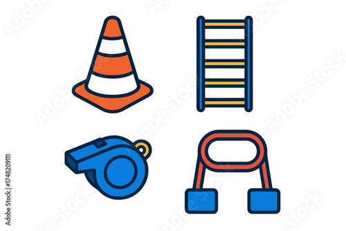 Set of sports training tools including traffic cone, agility ladder, whistle, and hand grip