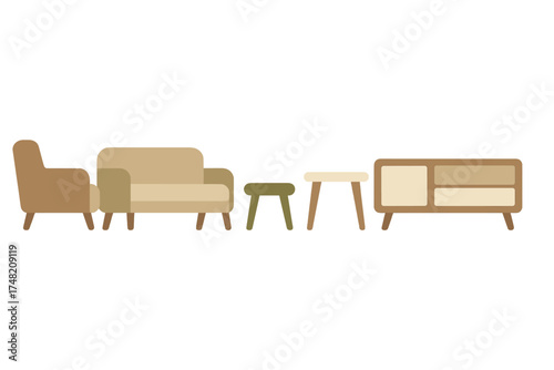 Minimalist modern living room furniture set with sofa armchair side tables and storage cabinet
