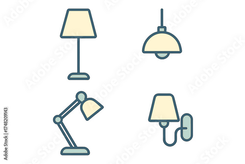 Set of four home lighting fixtures: floor, desk, pendant, and wall lamps