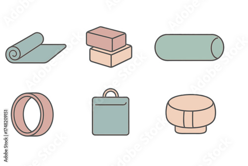 Minimalist set of yoga and fitness accessories icons including mat, blocks, bolster, ring, and cushion