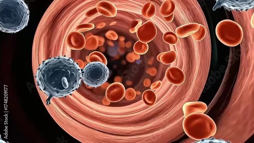 Microscopic view of red blood cells traveling through bloodstream.