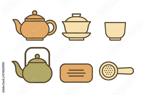 Traditional and modern tea ceremony utensils and brewing equipment in earthy colors