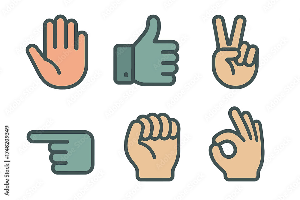 Fototapeta premium Collection of six different hand gestures showing communication signals on a white background