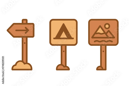 Brown wooden signs set indicating direction, camping area, and scenic nature views