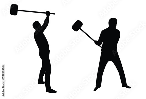 Silhouette of Man with a Sledgehammer Isolated on White. People and activities, physical work vector art
