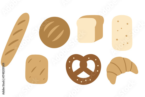 Assortment of freshly baked goods including baguette, sliced loaf, round bread, and classic pretzel