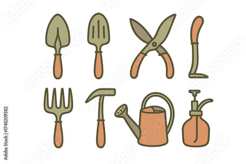 Set of essential gardening tools including trowel shears hand fork hammer watering can and spray bottle