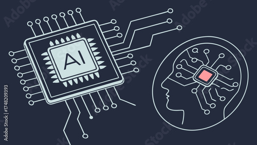 Abstract digital representation of AI chip connected to human brain, symbolizing integration of technology and intelligence