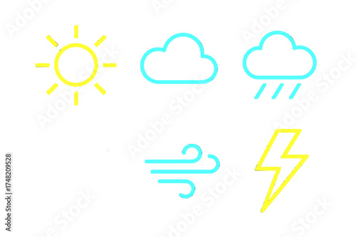 Bright neon outline symbols for various weather conditions and atmospheric phenomena